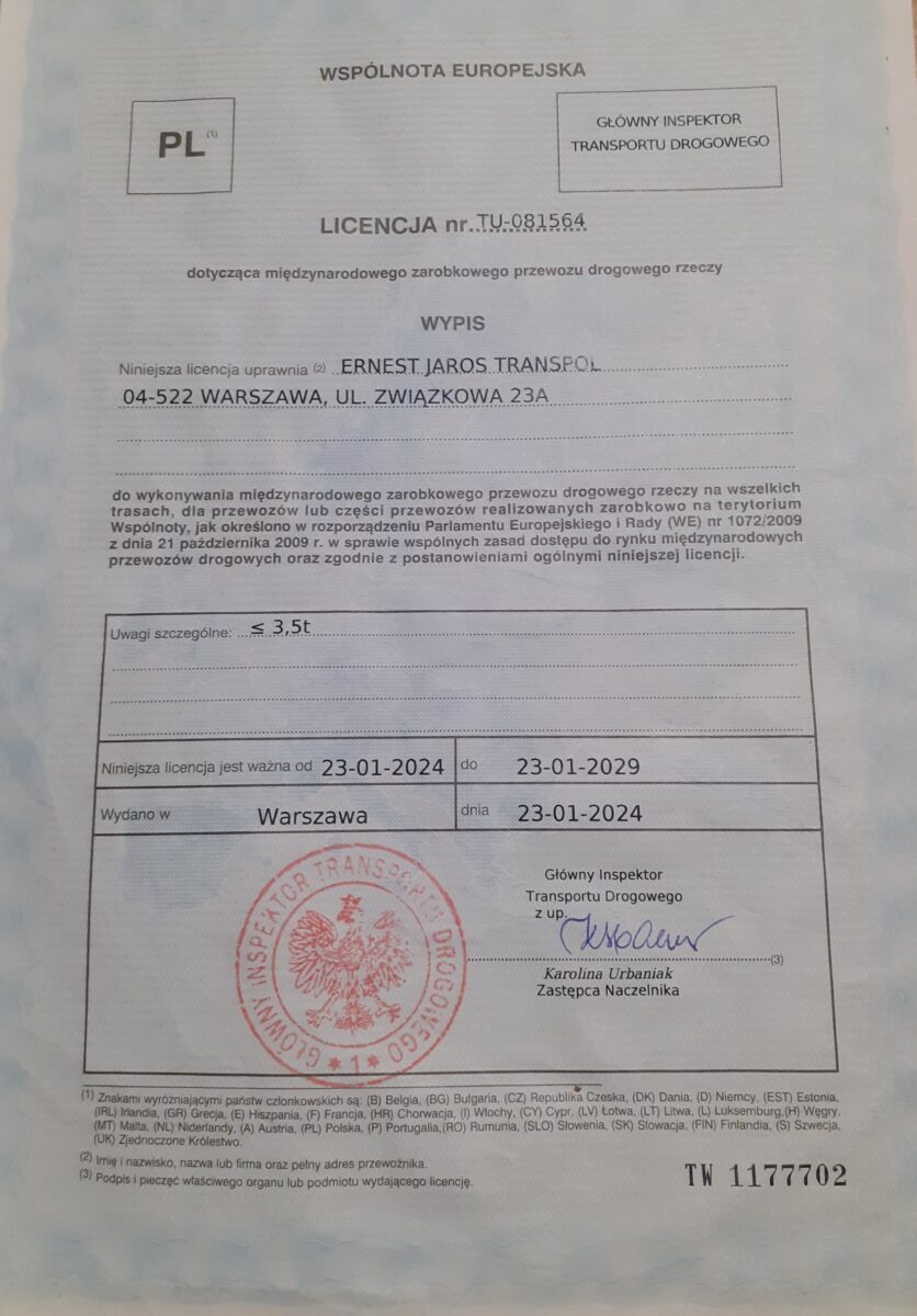 Licencja Unijna Na Transport Towarów Oraz Rzeczy
